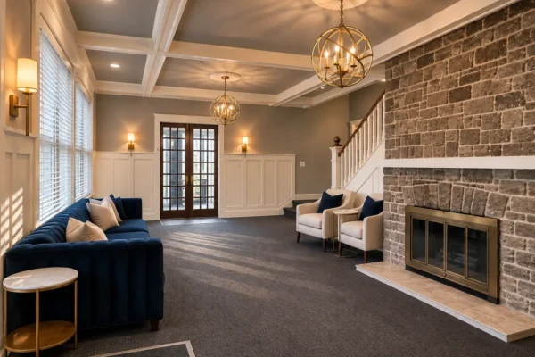 Elegant Modern Lounge with Stone Fireplace (1)